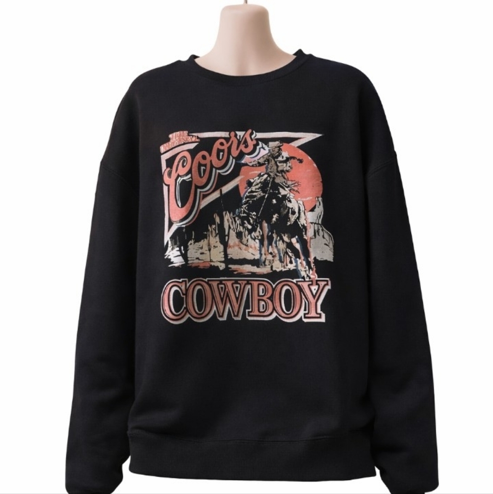 Original Coors Cowboy Graphic Sweatshirt M Western Rodeo Black & Pink Pullover